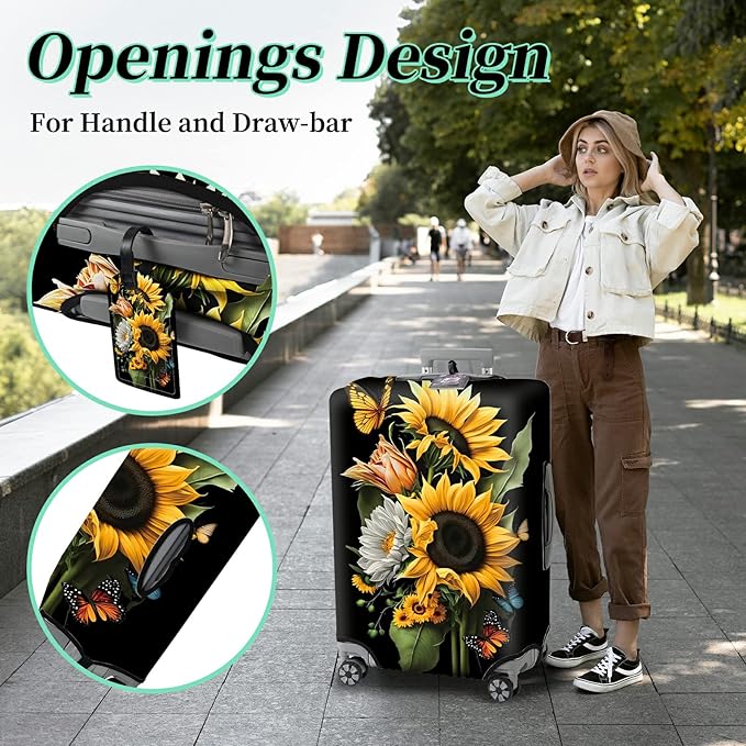 Suitcase Protector Plus 1 Luggage Tag, Sunflower Orchids Travel Cover for 26-28 inch Luggage with Concealed Zipper, Washable Elastic Cloth, Dustproof, Anti-Scratch