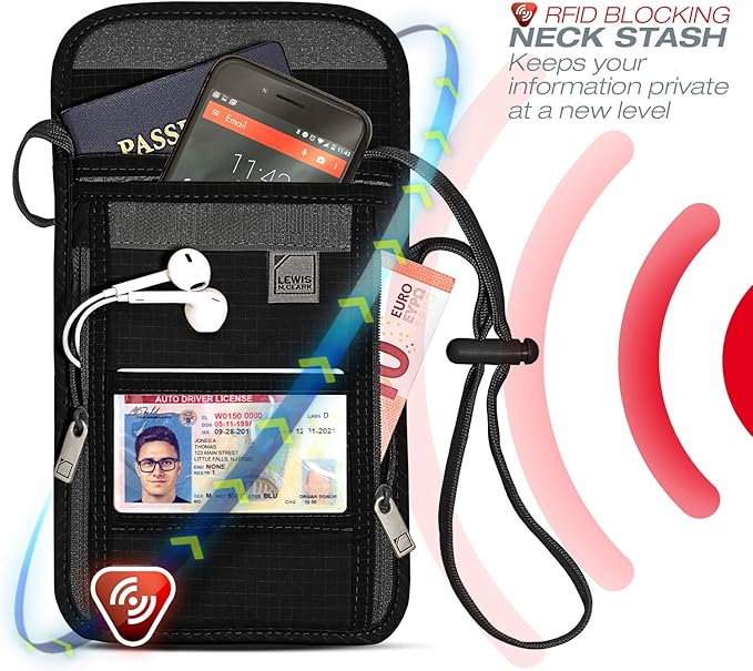 Lewis N. Clark RFID Blocking Stash Neck Wallet, Travel Pouch + Passport Holder for Women & Men, Black, One Size