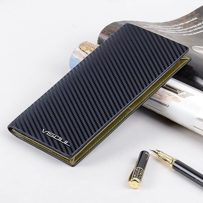 VISOUL Mens Checkbook Leather Wallets Long Bifold Wallets for Men Suit Wallet with 3 Cash Compartments 12 Credit Card Slots (Black+Olive Green)