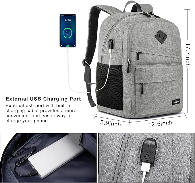 Backpack for School, Teen Backpack, Computer Bag with 2 Compartments, Ergonomic Shoulder Straps, 15.6 Inch Laptop Sleeve, Book Mochilas - Grey