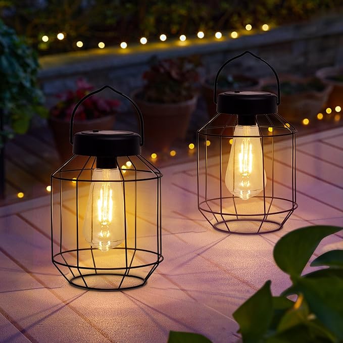Solar Lights Outdoor Waterproof,Solar Lantern 2 Pack,Metal Hanging Outdoor Lanterns,Handle with Edison Bulb Solar Powered Lights for Yard Garden Patio Porch Pathway Decor
