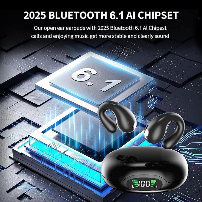 Open Ear Earbuds Wireless Bluetooth 6.1 Earphones, Flexible Clip On Ear buds with 36H Playtime LED Display Bone Conduction Headphones, IPX7 Waterproof Light Weight Fit for Every Ear, Sport, Workout