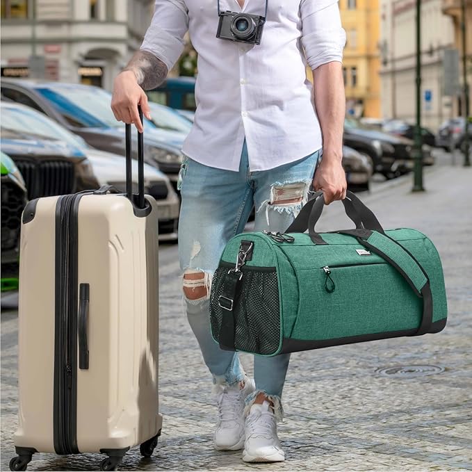 TOPDesign Gym Bag for Women & Men, Unisex Duffel Bag with Shoe Compartment & Wet Pocket for Travel Sports Gym (L Textured Green)