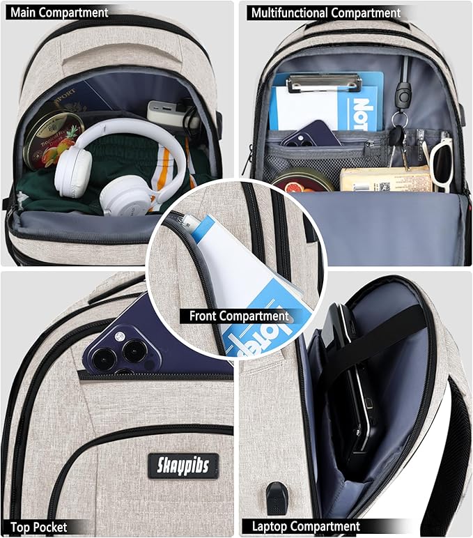 Travel Laptop Backpack for Women, School Backpack with USB Charging Port,Water Resistant Backpack for Girls, Business Work College bookbag,book bag Fits 15.6 Inch,Beige Back Pack