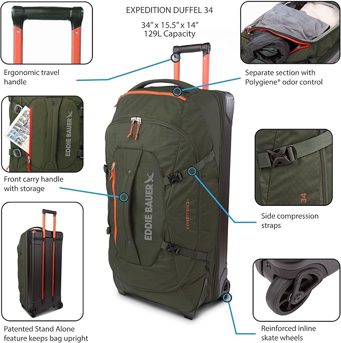 Eddie Bauer Expedition Rolling Duffel Bag with Wheels | Travel | Check-In | Luggage | Rugged | Durable - Dark Thyme, 34"