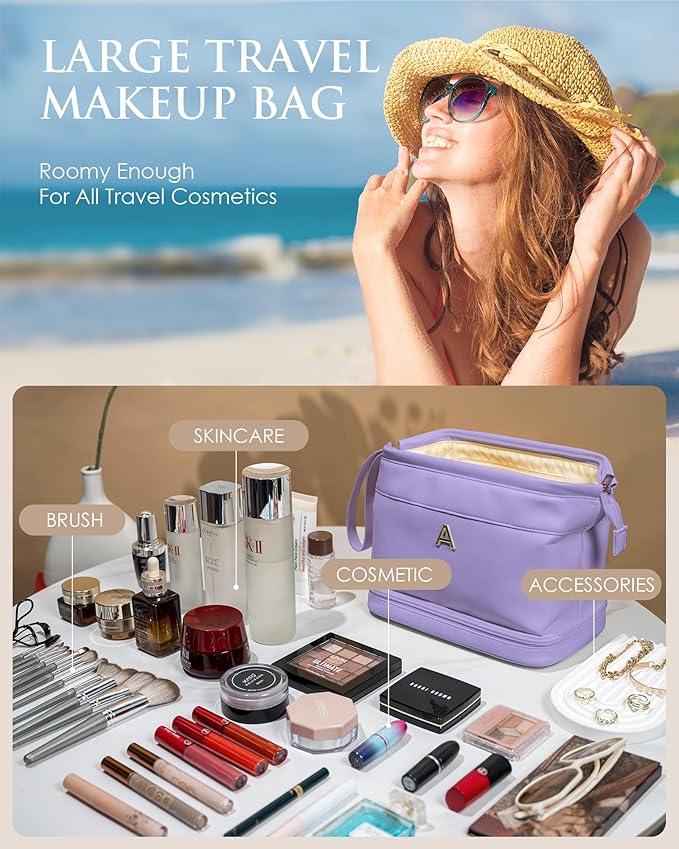 Bridesmaid Gifts for Women, Initial Makeup Bag, Personalized Double Layer Cosmetic Bag with Makeup Brush Organizer, Large Capacity PU Leather Travel Toiletry Bag, Personalized Teacher Gifts