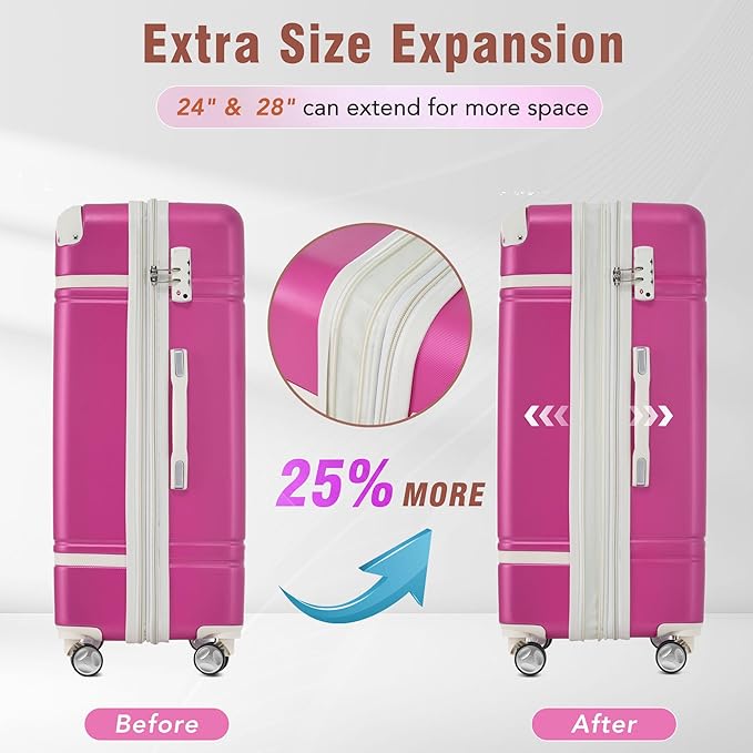 Merax Suitcase Set 24 inches Expandable Luggage with TSA Lock Spinner Wheels Hardshell Lightweight Vintage Luggage with Travel Bag,Pink