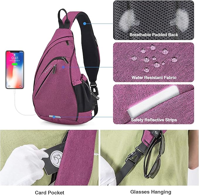 mixi Sling Bag Men Backpack Unisex One Shoulder Bag Hiking Travel Backpack Crossbody with USB Port for Men Women Versatile Casual Daypack-19 inch,Purple