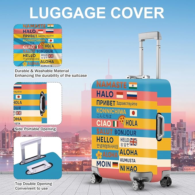 ANNA QUEEN Funny Multilingual Greetings Luggage Cover, Suitcase Protector with Hello in 15+ Languages, Stretchable, Washable Travel Cover for 28-30 Inch Luggage