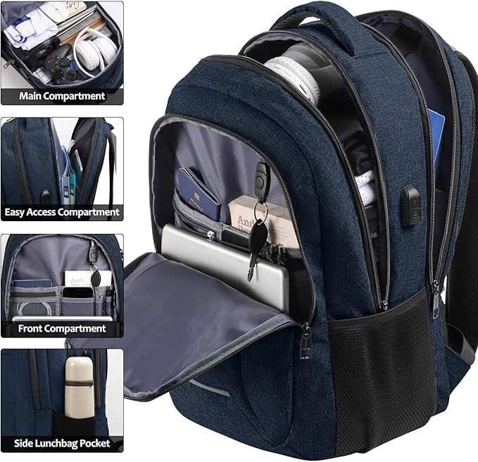 Backpack for Men Women, School Backpacks for Teen Boys, Business Anti Theft Sturdy Travel Laptop Backpack with USB Charging Port, Water Resistant 15.6 Inch Computer Bag Gift, Blue
