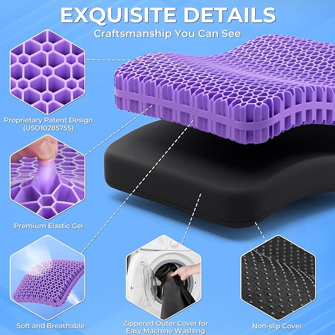 TushGuard Gel Seat Cushion for Long Sitting, Enlarged & Thickened Patent Design Office Chair Seat Cushion, Breathable Cooling Pads for Chairs, Soft Car Cushions for Wheelchair(X-Large, Black)