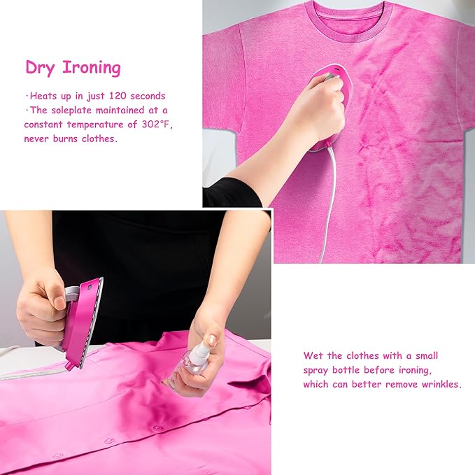 Newbealer Travel Iron with Dual Voltage - 120V/220V Lightweight Dry Iron for Clothes (No Steam), Non-Stick Ceramic Soleplate, 302℉ Heat Press Machine, w/Spray Bottle, Pouch & Silicone Stand (Hotpink)