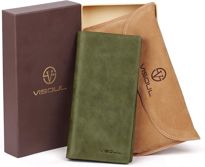 VISOUL Mens Long Bifold Checkbook Wallets Genuine Leather, Tall Checkbook RFID Wallets with Multi Card Pocket for Men (Olive Green)