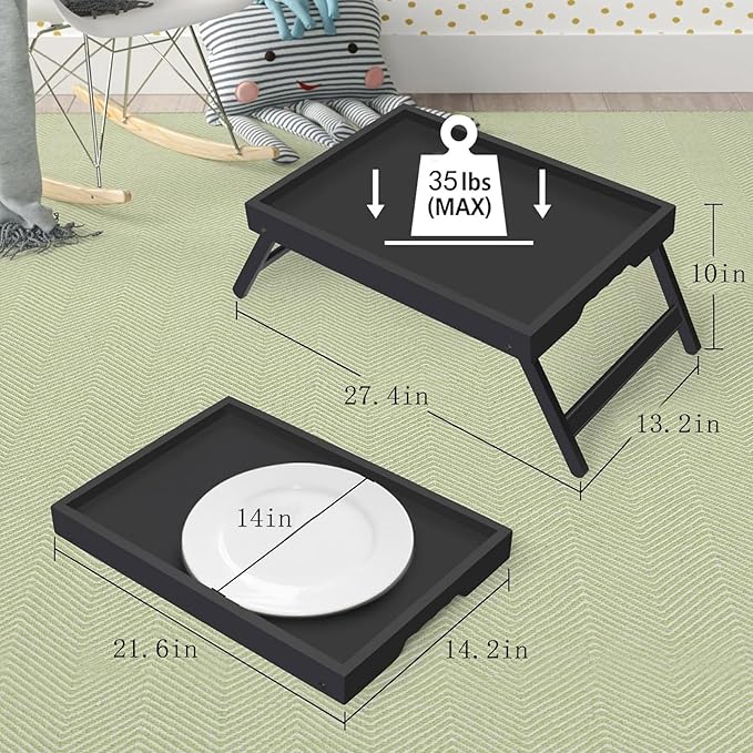Artmeer Bed Tray Table with Folding Legs,Bamboo Breakfast in Bed for TV Table, Laptop Computer Tray,Eating,Snack Tray(Black) Extra-Large Size