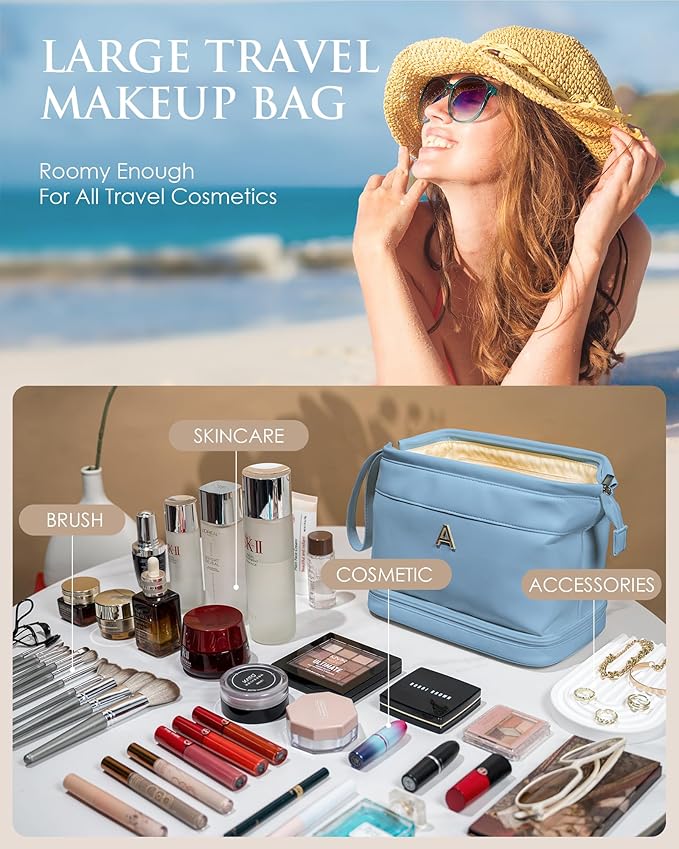 Initial Makeup Bag, Women Gifts, Personalized Double Layer Cosmetic Bag with Makeup Brush Organizer, Waterproof, Large Capacity PU Leather Travel Toiletry Bag Gifts for Friends Female Mom