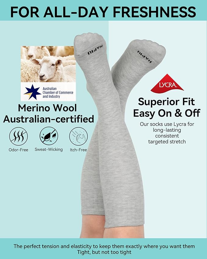 HAPIU Merino Wool Soft Compression Socks for Women & Men, 15-20 mmHg, Plus Size Knee High Stocking for Nurses, Pregnancy, Travel, Flight, Medias de Compresión Mujer