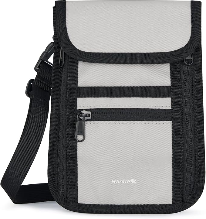 Hanke Passport Holder, Travel Wallet for Womens and Men, Neck Wallet Hidden Passport Pouch for Travel Adjustable Lightweight Thin with 6 compartments (Light Grey)
