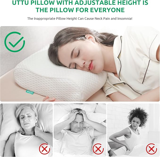 UTTU Cervical Pillow for Neck Strain Relief, Memory Foam Neck Pillow for Sleeping, Adjustable Orthopedic Sandwich Pillow, Contour Cooling for Side Back Stomach Sleeper, Medium(23.6"×14"×5.2"/4.5")