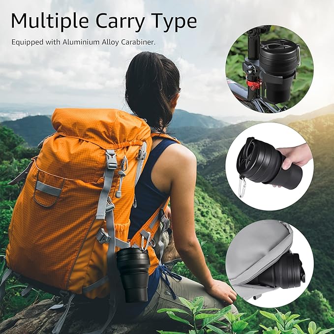 Collapsible Coffee Cup, 2 Pack 16 OZ 480ml Silicone Travel Folding Cup, Leak Proof BPA Free Portable Cup, Travel mug with Lids for Camping hiking (2 * 16OZ)
