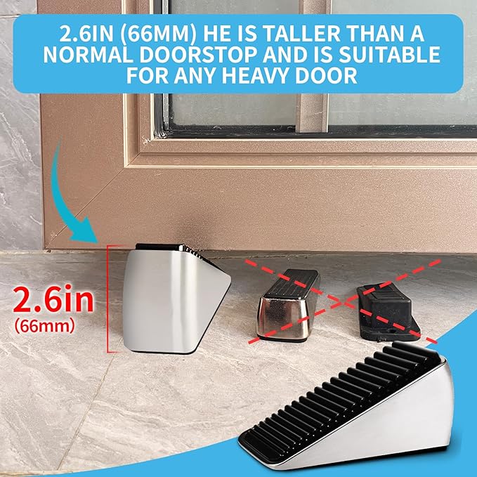 Strongest Large Door Stopper - Heavy Duty Tall Door Stop Wedge Door Stoppers for Bottom of Door, Tall up to 2.6 In Doorstop Zinc Alloy and Silicone Made Suits Any Heavy Door Any Smooth Floor