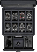 ROTHWELL 8 Slot Leather Watch Box with Valet Drawer - Luxury Case Display Jewelry Organizer, Locking Display Case Holder with Real Glass Top - Watch Box Organizer for Men & Women (Carbon)