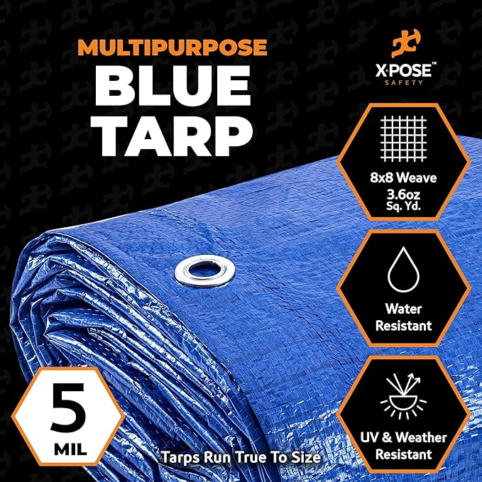 Better Blue Poly Tarp 10' x 22' - Multipurpose Protective Cover - Lightweight, Durable, Waterproof, Weather Proof - 5 Mil Thick Polyethylene - by Xpose Safety