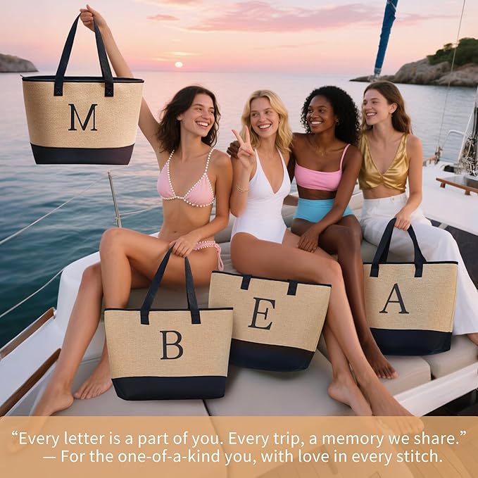 KALIDI Woven Tote Bag for Women, Lightweigh Monogram Beach Bag with Zipper & Sand-Proof Canvas Base, Personalized Gift
