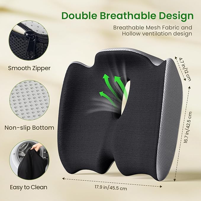 Benazcap Pressure Relief Seat Cushion for Tailbone Pain Office Chair Cushion for Butt, Back Pain, Coccyx & Sciatica Pain Relief Pillow. Memory Foam Seat Cushions for Office Chairs