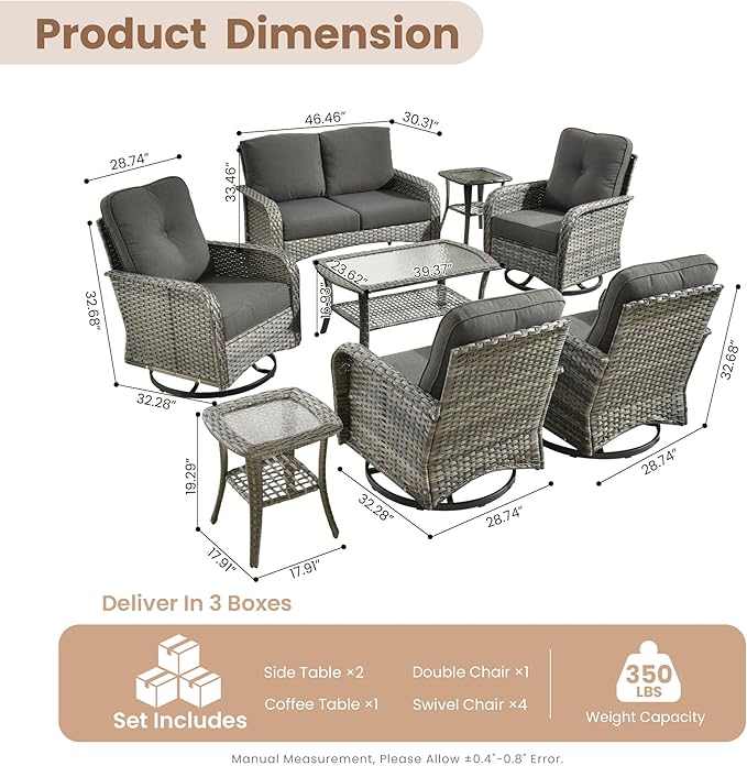 HOOOWOOO Patio Furniture Set,8 Pieces Outdoor Conversation Set,All Weather Wicker Loveseat Sofa Set with High Back Swivel Rocking Chairs Tables,Black