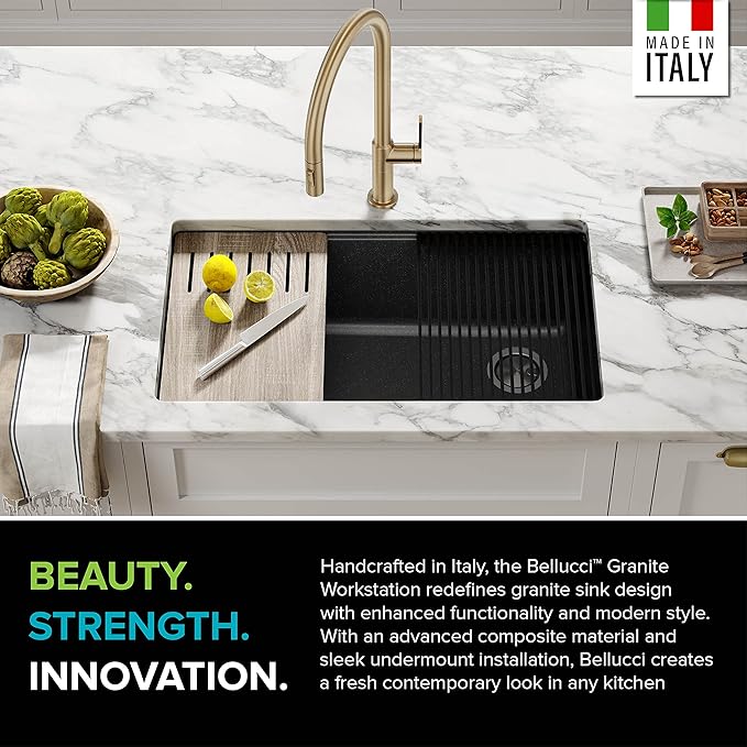 KRAUS Bellucci 32” in. Undermount Workstation Granite Kitchen Sink in Metallic Black with Accessories, KGUW2-33MBL
