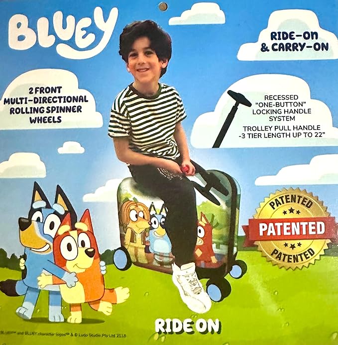 Fast Forward Ride-On 18" Suitcase For Kids/Tow-Along Toddler Carry-On Luggage With Wheels (Bluey)