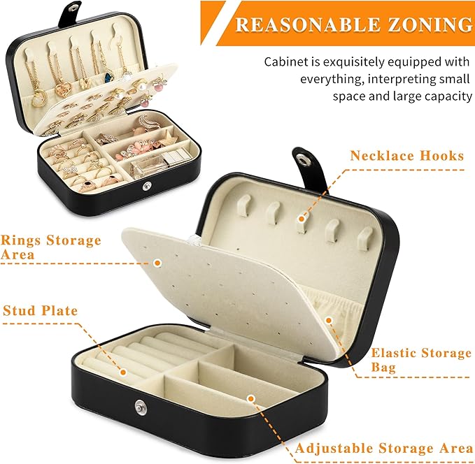 Travel Jewelry Box, PU leather Small Jewelry Organizer For Female Girls, double layer portable mini travel case for storing earrings, rings, necklaces.(Black 2pcs)