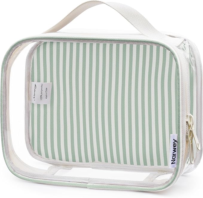 Narwey TSA Approved Clear Toiletry Bag for Travel, Waterproof PVC Clear Makeup Bags, Portable Compact Cosmetic Bag Make Up Organizer, Airport Airline Quart Size Compliant Bag (Mint Green Stripe)