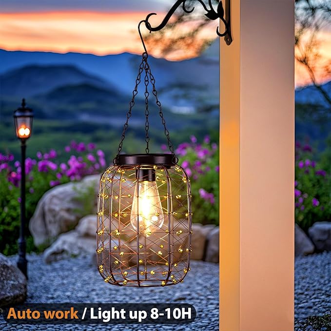 Hanging Solar Lanterns Outdoor Waterproof, Vintage Copper Hanging Lantern Lights for Outside, Solar Chandelier Outdoor Idea for Yard Garden Pathway Gazebo Pergola Porch Decor, 2 Pack