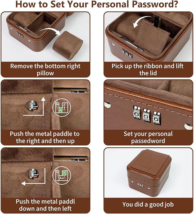 KAMIER Watch Travel Case with Combination Lock - 2 Watch Storage and Jewelry Organizer - Watch Case for Ring and Watch Storage, PU Leather Travel Watch Case, Ideal for Gift (With Gift Box) (Brown)
