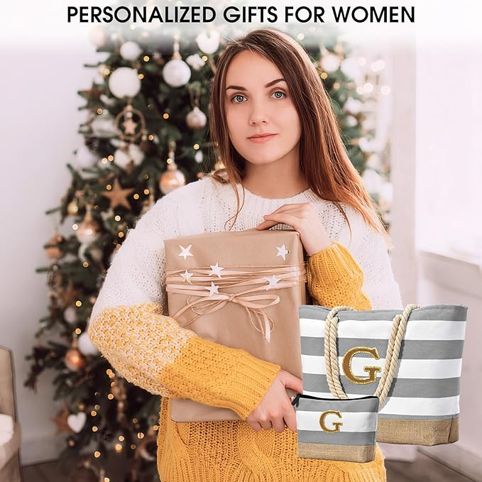 Becokan Beach Bag Initial Beach Tote with Makeup Bag for Travel Work Storage Personalized Birthday Gifts for Women Her