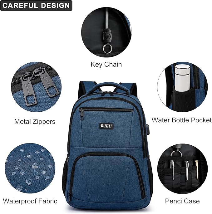 School Backpack for Teens & College Students - 15.6 Inch Laptop Backpack with USB Charging Port, Water Resistant Business Bookbag for Men, Boys, School, Blue
