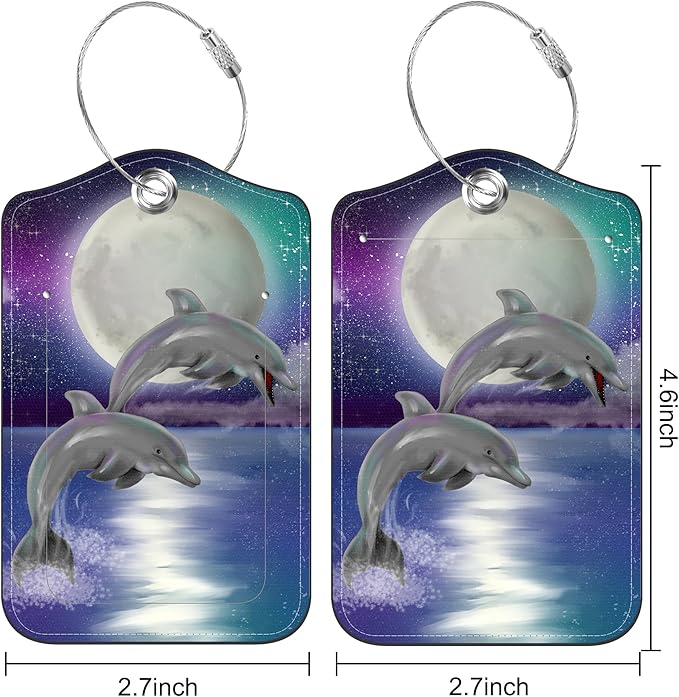 Set of 2 Luggage Tags for Suitcase Moon Night and Jumping Dolphin Leather Baggage Tags Set with Stainless Steel Loop Name Address Labels Privacy Cover for Men Women Travel Bag Suitcase