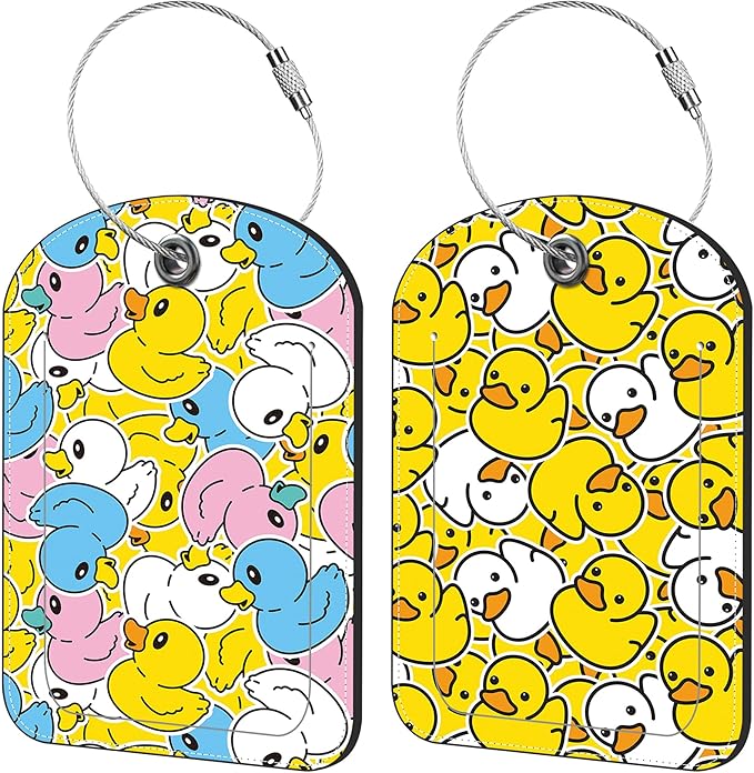 Rubber Duck Luggage Tag for Suitcase Set of 2 PU Leather Cute Luggage Tags with Stainless Metal Loop ID Label Privacy Flap Suitcase Tags for Women and Men Travel