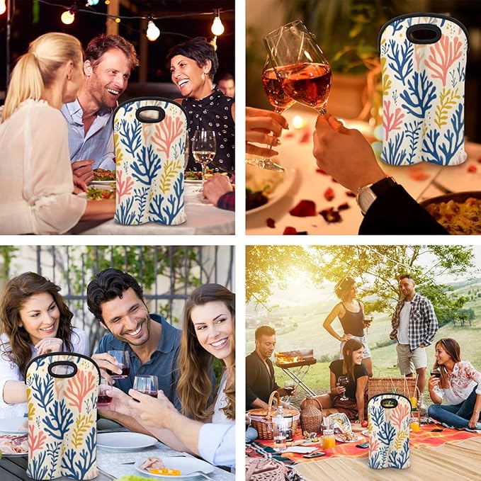 Neoprene Wine Tote, Bottle Carrier Gag Insulating Neoprene Thicker, Insulated Wine Bag for Travel Holds Two Bottles, Bottle Carrier Bags Protect the Bottles, Colorful Coral