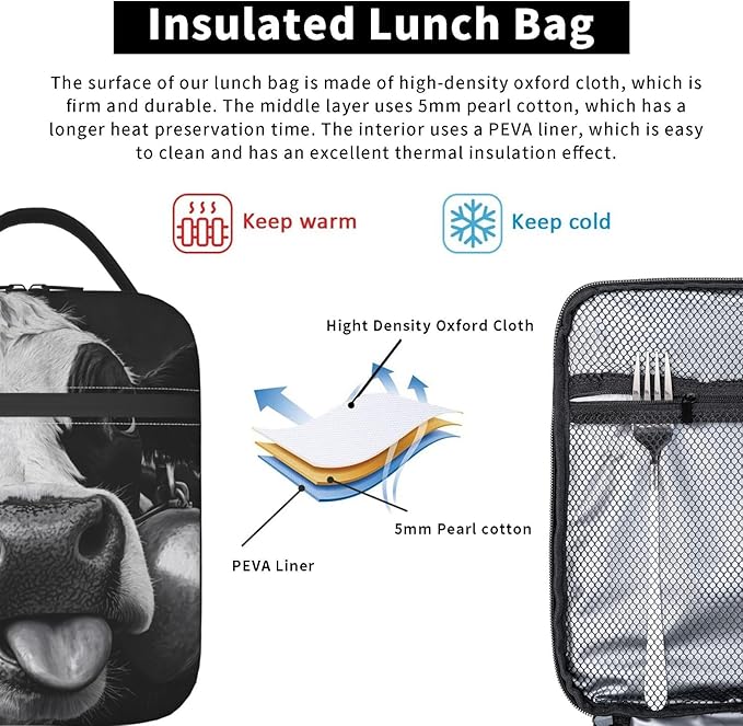 Cow Insulated Lunch Box for Women Men Cow Lunch Bag for Travel,or Fishing Polyester
