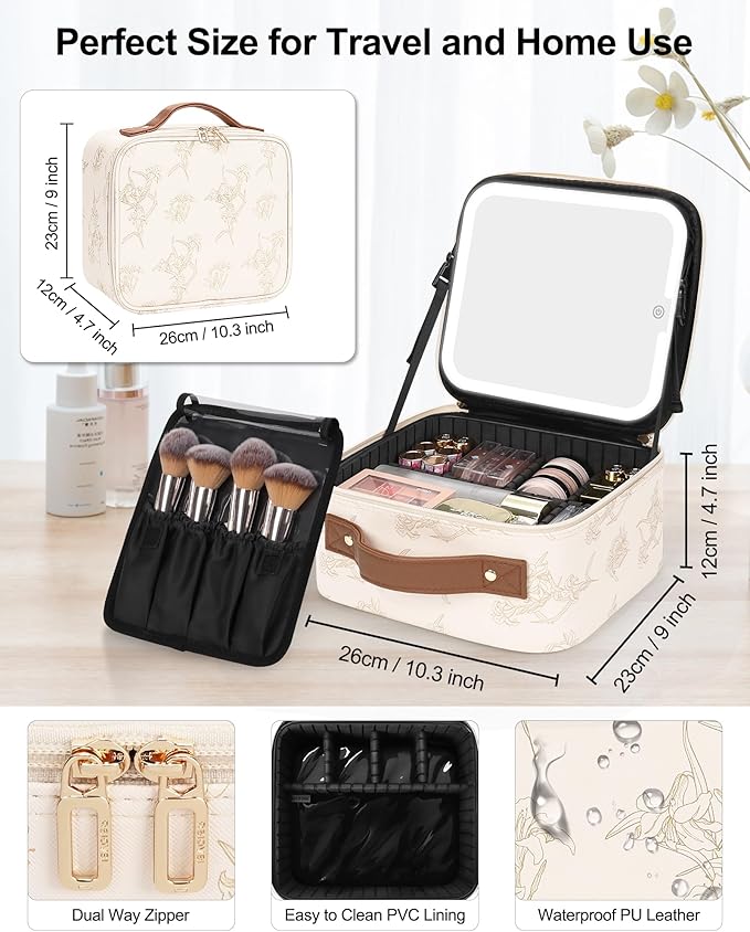 Chomeiu Makeup Bag with LED Mirror, Cute Cosmetic Bags Birthday Gifts for Girls Women, Makeup Train Case Artists Organizer Large Make Up Bags with Light Up Mirror 3 Color Lights, Beige