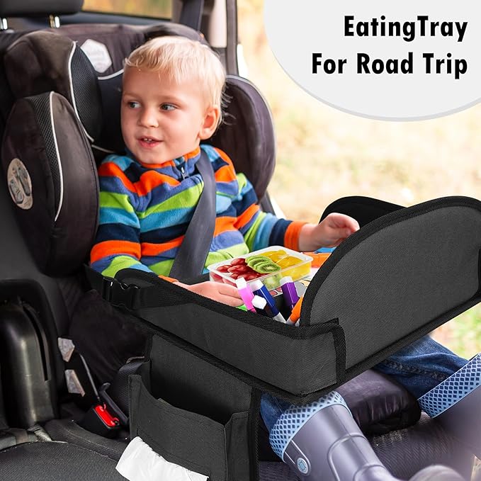 Kids Travel Tray for Toddler Car Seat, Lap Tray for Girl Activities with Dry Erase Board & Cooler Cup Holder, Road Trip Essentials Accessories with No-Drop Large Tablet iPad Holder Stand,2Pc Black