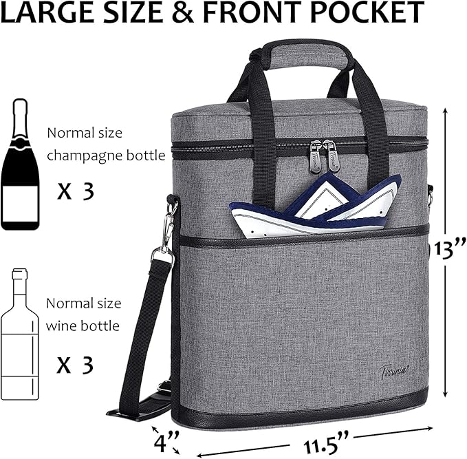 Tirrinia Insulated Wine Gift carrier - 3 Bottle Travel Wine Carry Cooler Tote Bag with Handle and Adjustable Shoulder Strap, Grey