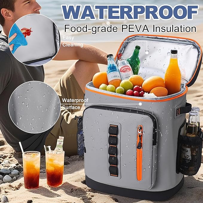 SUNUP 35 Cans Waterproof Cooler Backpack, Soft Insulated Leak Proof Backpack Cooler for Men Women, Large Capacity Ice Chest for Beach, Hiking, Camping, Travel, Outdoor, Grey