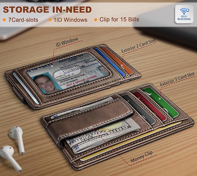 BULLIANT Men Wallet,Slim Leather Wallet Money Clip Card Hodler For Men Gift 8 Cards RFID Blocking