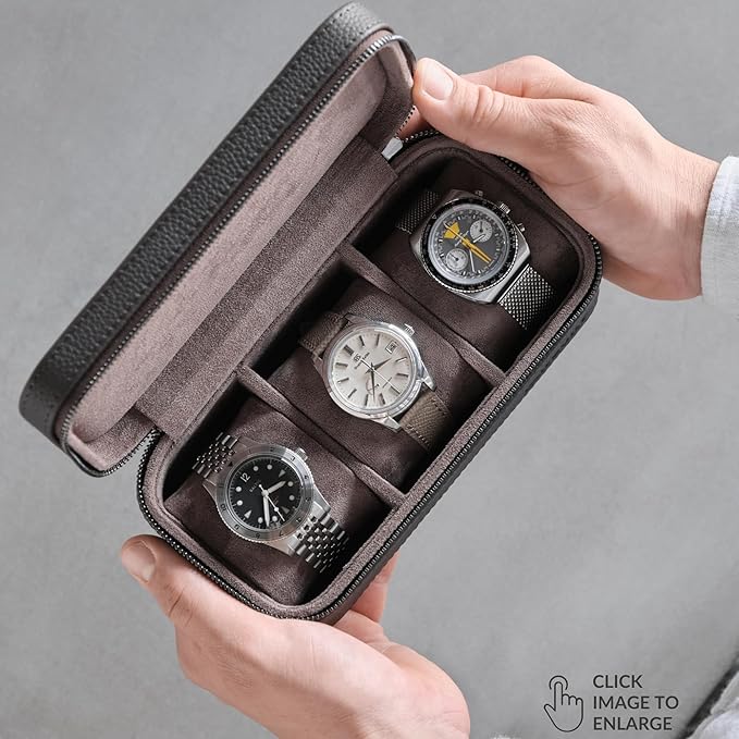 TAWBURY 3 Watch Case Top-Grain Genuine Leather Travel Case Roll for Men - Brown