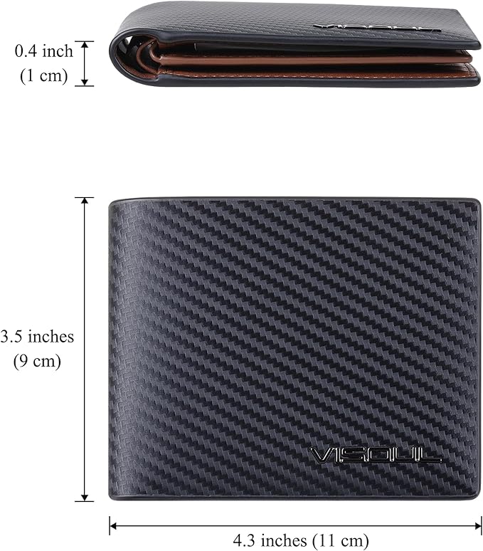 VISOUL Leather Mens Bifold RFID Blocking Wallet with 2 ID Windows, Leather Wallet for Men (Carbon Fiber, Black+Brown)