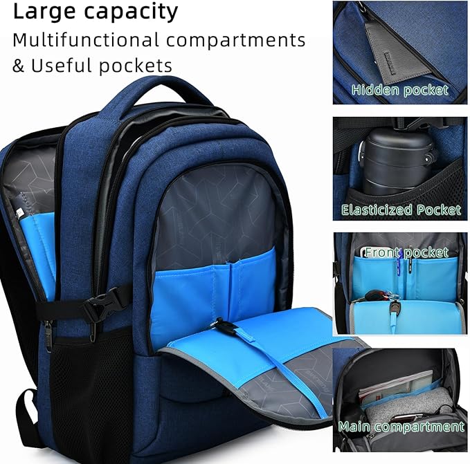 DUSLANG 17 Inch Laptop Backpack for Travel with Backpack Rain Cover College Backpack for Men Laptop Bag with USB Charging Port,Blue