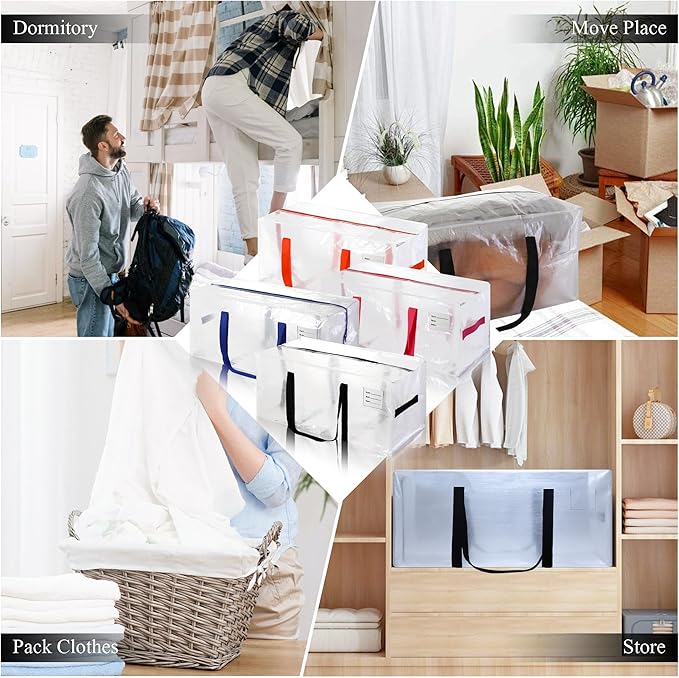 8 Pack Heavy Duty Extra Large Moving Bags with Multicolor Handles, Waterproof Foldable Storage Totes, Clothing Storage Bags, Packing Moving Boxes for College Supplies & Seasonal Storage, Clear